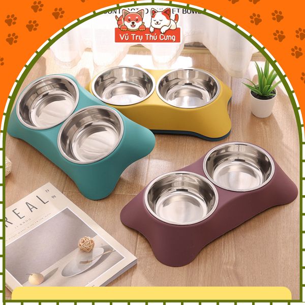Khay Đựng Thức Ăn Cho Chó Mèo Kèm 2 Bát Inox Dễ Dàng Vệ Sinh
