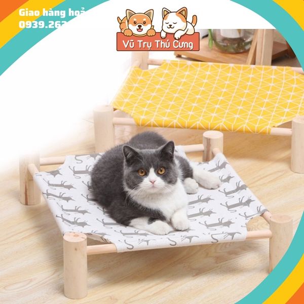 Giường gỗ cho thú cưng, Võng cho chó mèo họa tiết xinh xắn