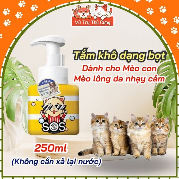 Sữa tắm khô cho Chó Mèo dạng bọt SOS, dịu nhẹ cho Chó con, mèo con