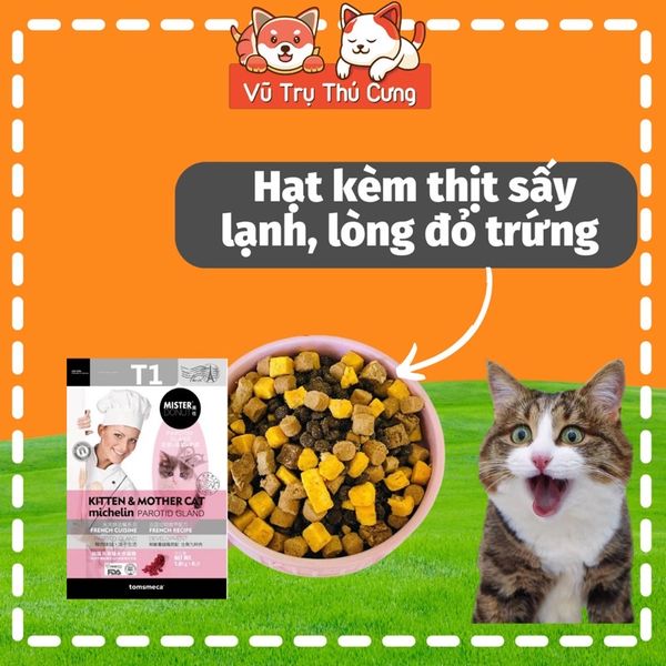 Hạt Mister Donut T1 dành cho Mèo con, mèo mẹ mang thai, gói 1,8Kg