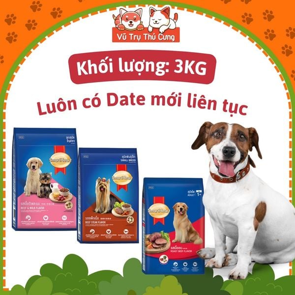 Thức ăn cho chó Hạt Smartheart 3Kg - Dành cho chó con, chó trưởng thành