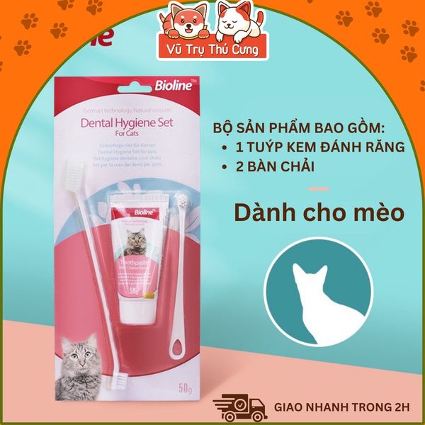Kem đánh răng cho Mèo kèm bàn chải Bioline 50g, giúp làm sạch răng và giảm hôi miệng cho Mèo
