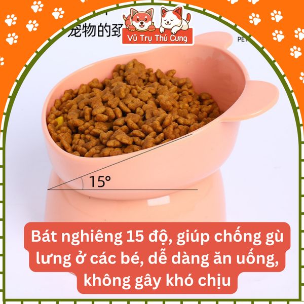 Bát ăn cho chó mèo chống gù lưng, họa tiết tai gấu màu pastel