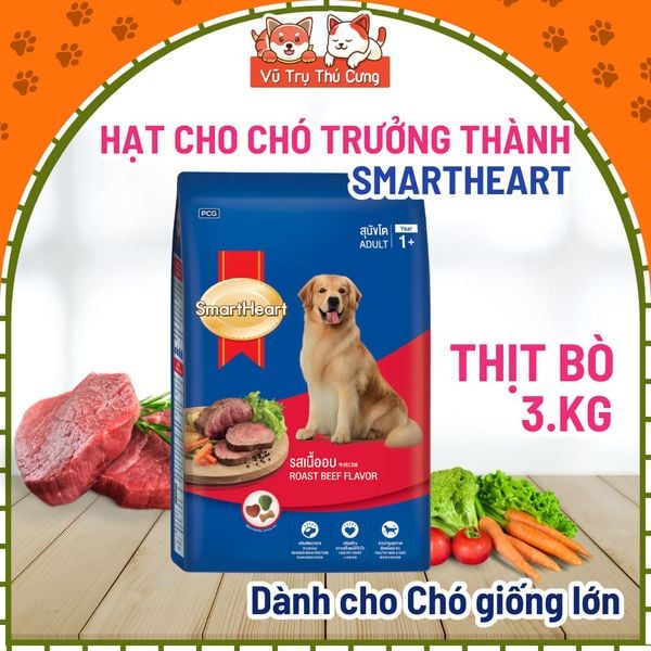Thức ăn cho chó Hạt Smartheart 3Kg - Dành cho chó con, chó trưởng thành