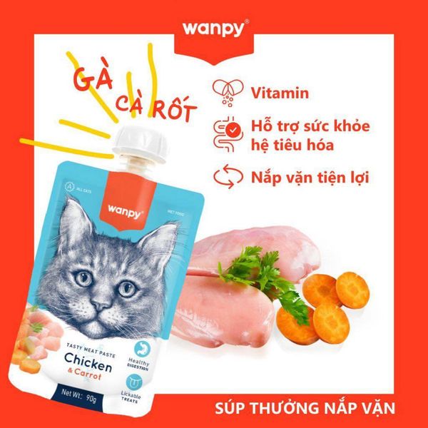 Súp thưởng Wanpy nắp vặn cho mèo mọi độ tuổi, tuýp 90g