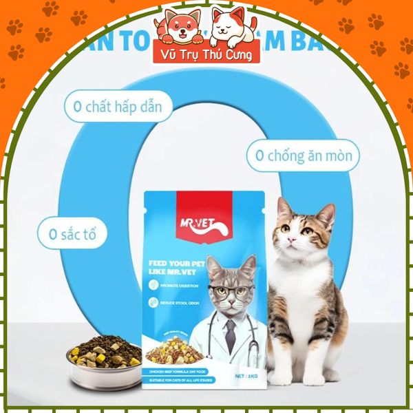 Hạt Mr.Vet Cho Mèo Giàu Đạm, Topping Thịt Sấy Không Độn Ngũ Cốc 1Kg