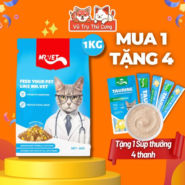 Hạt Mr.Vet Cho Mèo Giàu Đạm, Topping Thịt Sấy Không Độn Ngũ Cốc 1Kg