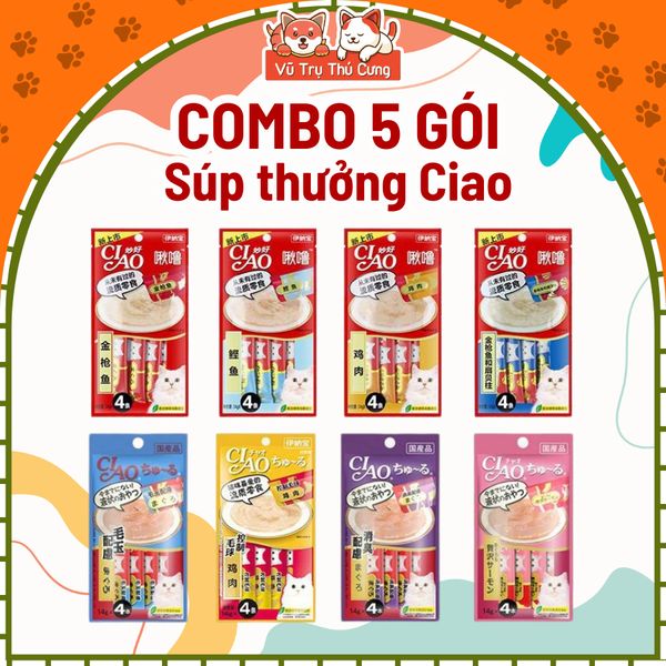 Combo 5 gói Súp thưởng Ciao Churu cho Mèo mix đủ vị