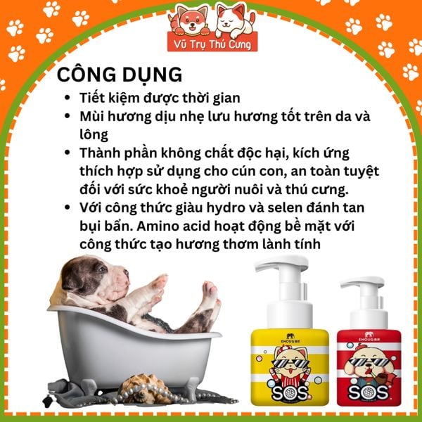 Sữa tắm khô cho Chó Mèo dạng bọt SOS, dịu nhẹ cho Chó con, mèo con