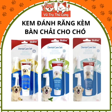 Bộ bàn chải và kem đánh răng cho Chó Bioline 100g, sạch răng, giảm hôi miệng thú cưng