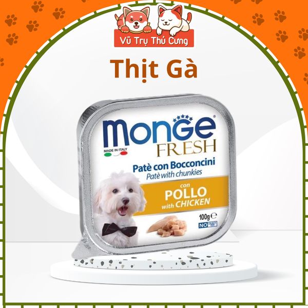 Pate cho Chó MONGE hộp 100g, từ Thịt và Rau củ quả, cung cấp chất xơ và Vitamin cho Chó