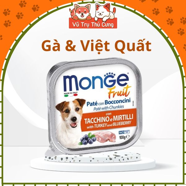 Pate cho Chó MONGE hộp 100g, từ Thịt và Rau củ quả, cung cấp chất xơ và Vitamin cho Chó