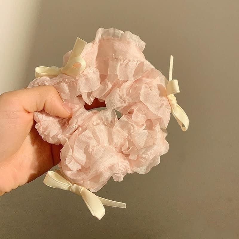  Buộc Tóc Scrunchies Nơ Trắng Hồng Xinh Xắn Hàn Quốc 