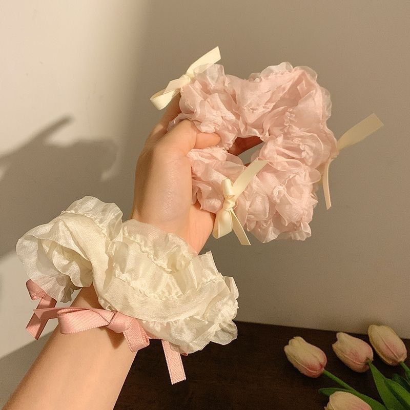  Buộc Tóc Scrunchies Nơ Trắng Hồng Xinh Xắn Hàn Quốc 