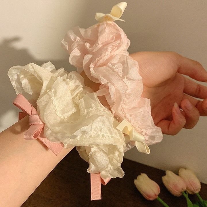  Buộc Tóc Scrunchies Nơ Trắng Hồng Xinh Xắn Hàn Quốc 