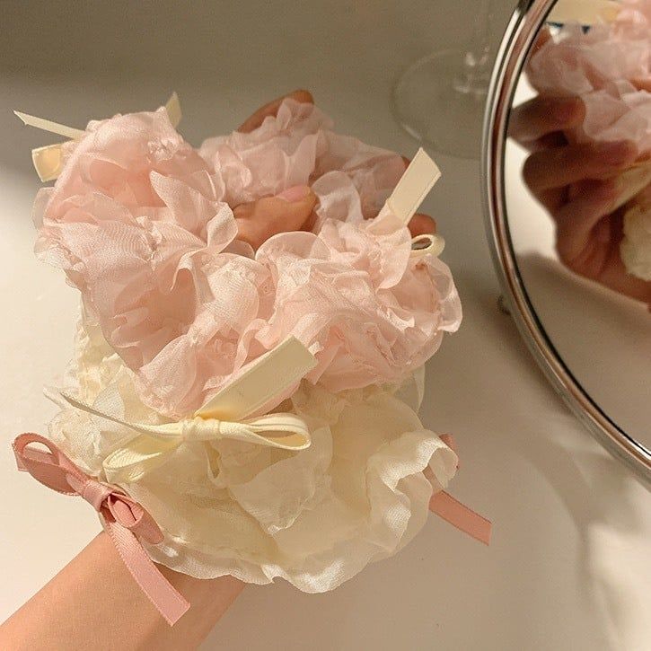  Buộc Tóc Scrunchies Nơ Trắng Hồng Xinh Xắn Hàn Quốc 