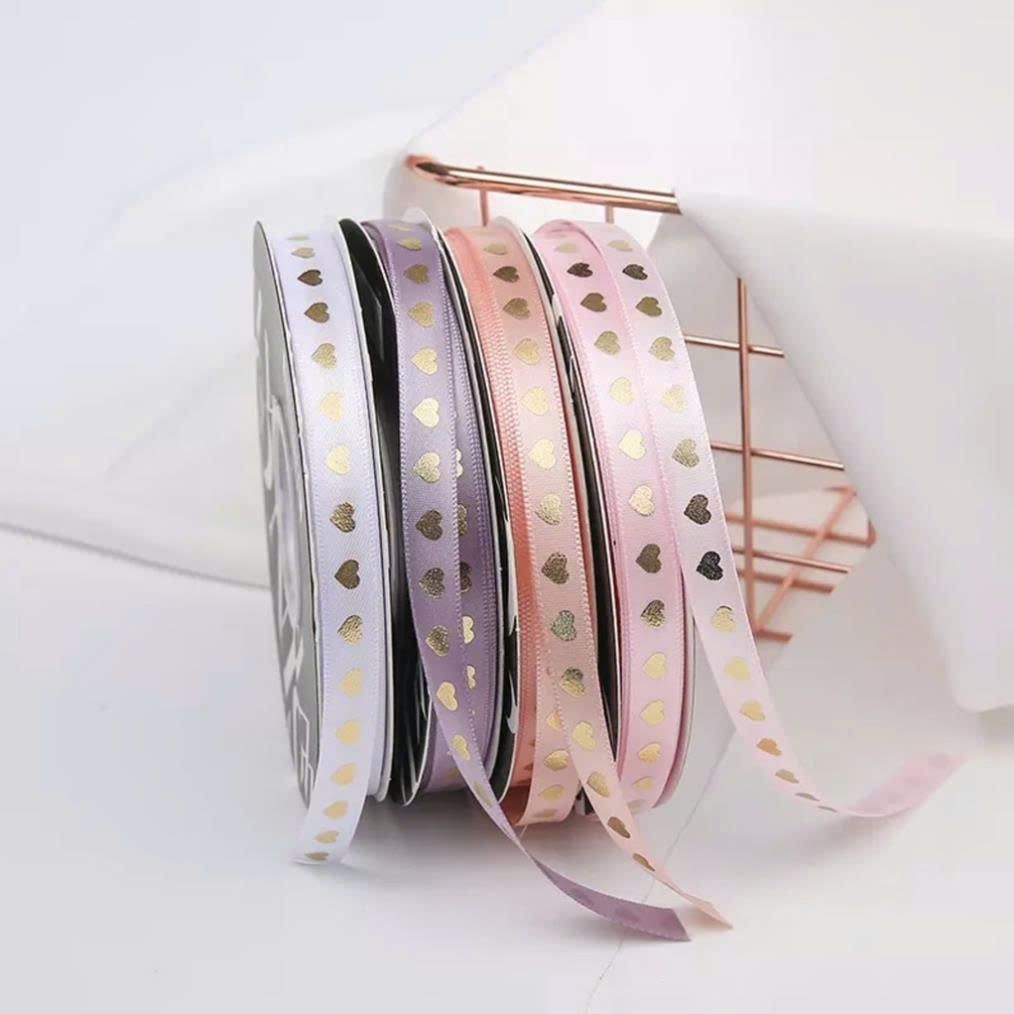  [1cm x Dài 40mét] Cuộn Ruy Băng Lụa Cối Hoạ Tiết Trái Tim Ánh Vàng Loại Dày Đẹp Giá Rẻ 