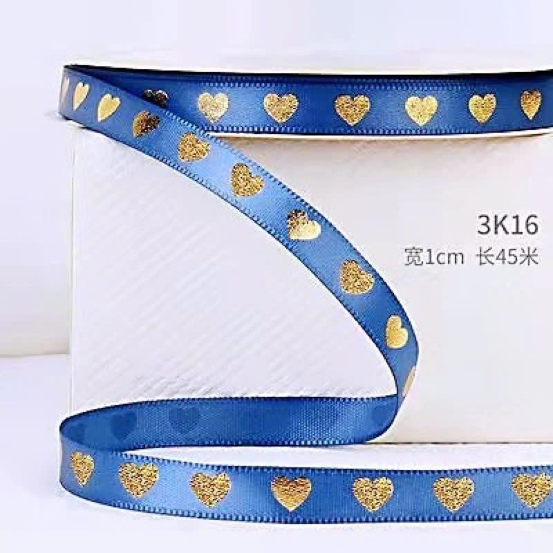  [1cm x Dài 40mét] Cuộn Ruy Băng Lụa Cối Hoạ Tiết Trái Tim Ánh Vàng Loại Dày Đẹp Giá Rẻ 