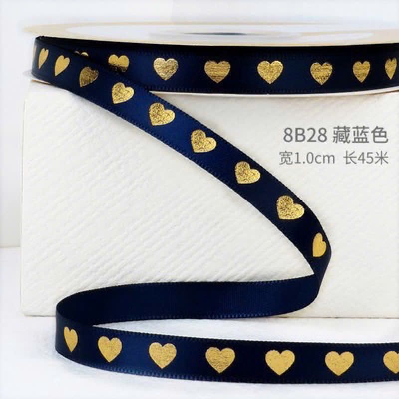  [1cm x Dài 40mét] Cuộn Ruy Băng Lụa Cối Hoạ Tiết Trái Tim Ánh Vàng Loại Dày Đẹp Giá Rẻ 