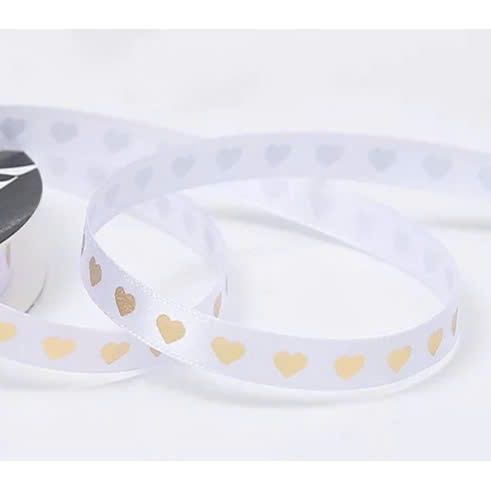  [1cm x Dài 40mét] Cuộn Ruy Băng Lụa Cối Hoạ Tiết Trái Tim Ánh Vàng Loại Dày Đẹp Giá Rẻ 