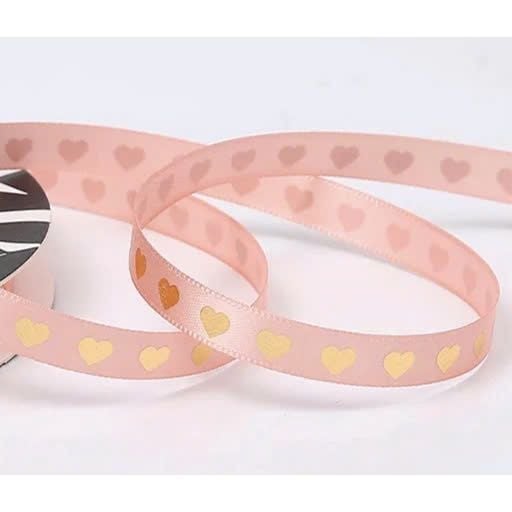  [1cm x Dài 40mét] Cuộn Ruy Băng Lụa Cối Hoạ Tiết Trái Tim Ánh Vàng Loại Dày Đẹp Giá Rẻ 