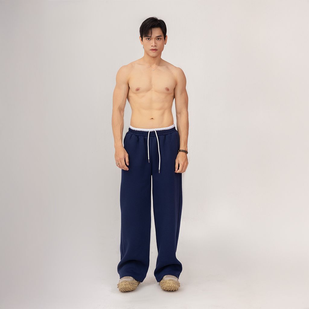  Quần Vải Nỉ Suông Thêu Logo Unisex - Xanh dương 
