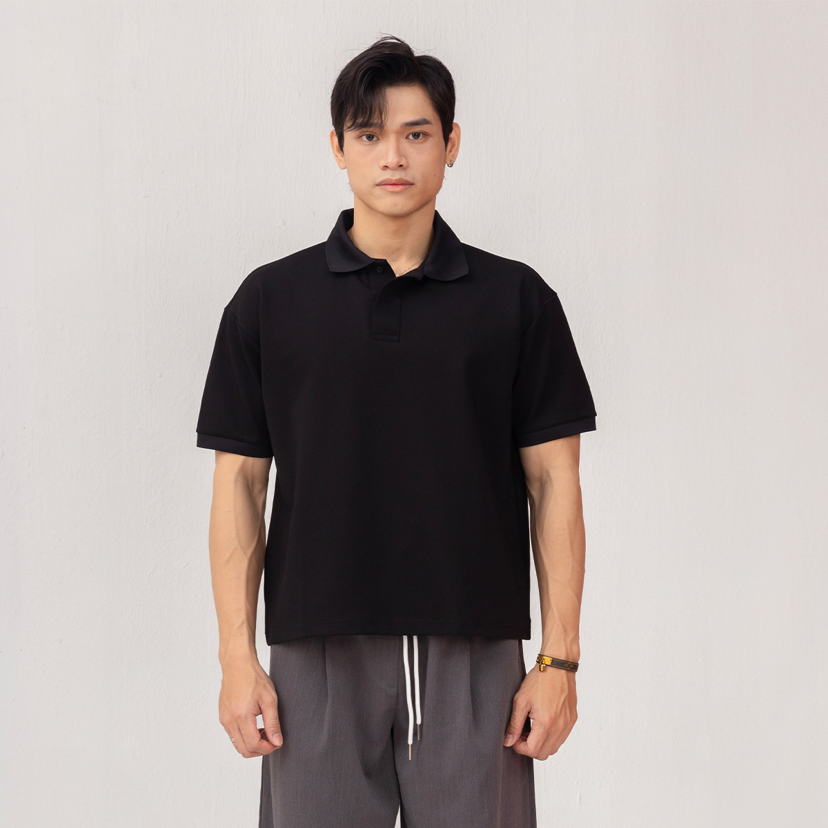  Áo Polo Form Boxy Logo Thêu Unisex - Đen 