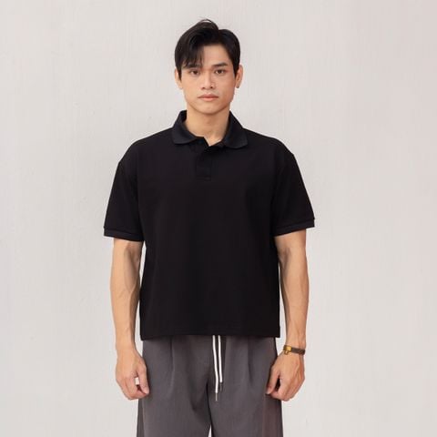 Áo Polo Form Boxy Logo Thêu Unisex - Đen