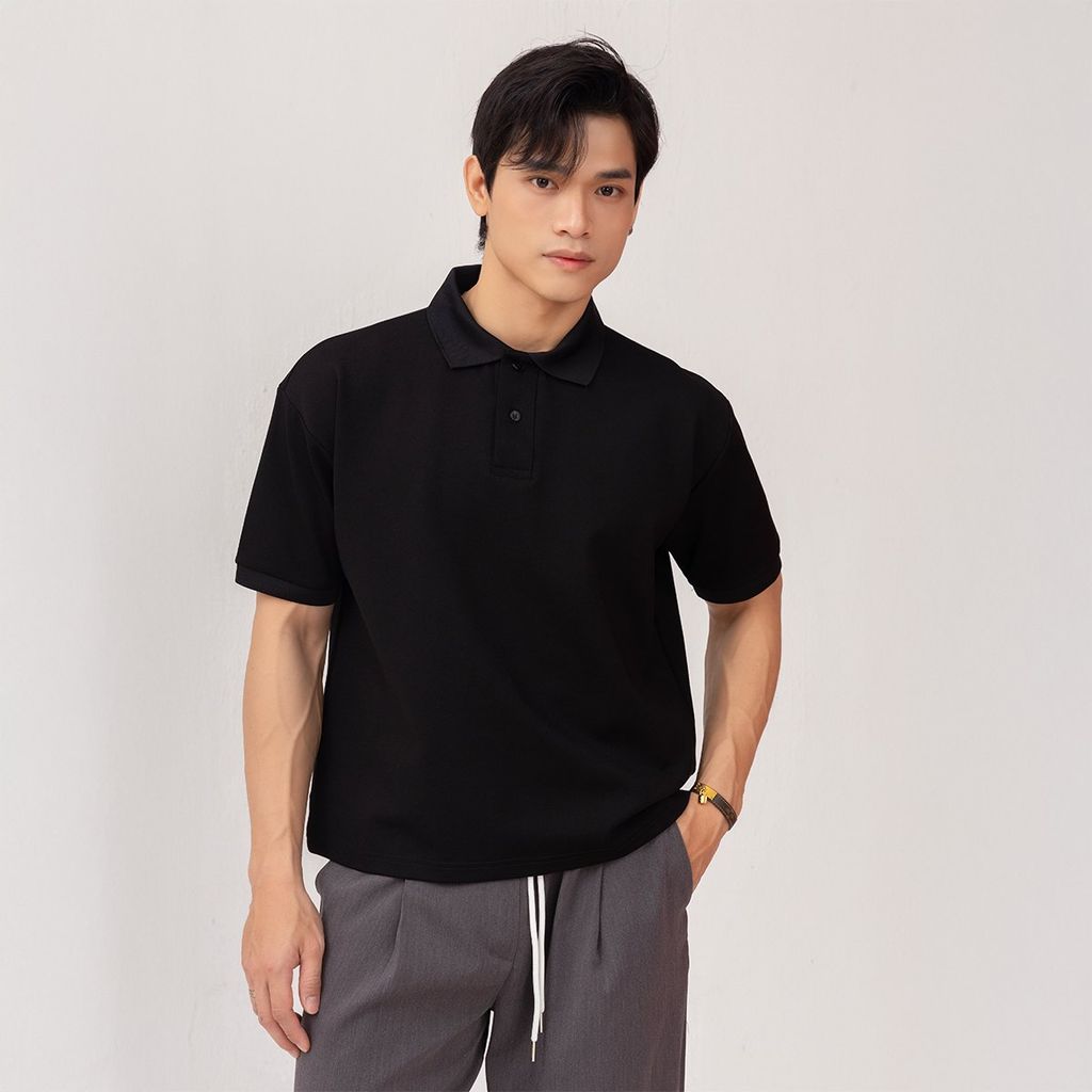  Áo Polo Form Boxy Logo Thêu Unisex - Đen 