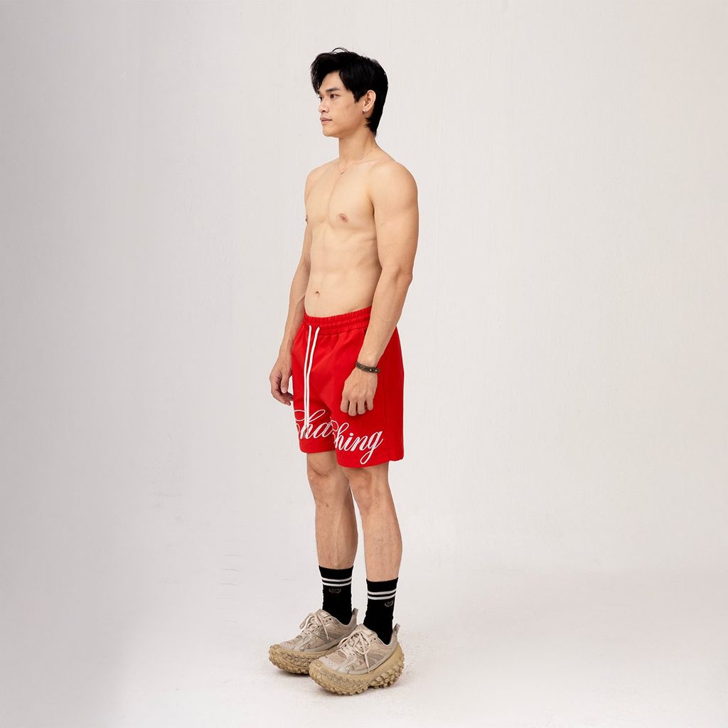  Quần Short Vải Dù Logo Thêu Unisex - Đỏ 