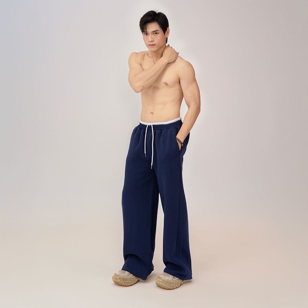 Quần Vải Nỉ Suông Thêu Logo Unisex - Xanh dương