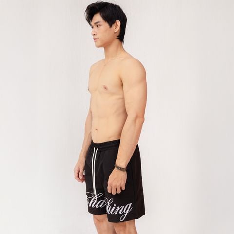 Quần Short Vải Dù Logo Thêu Unisex - Đen