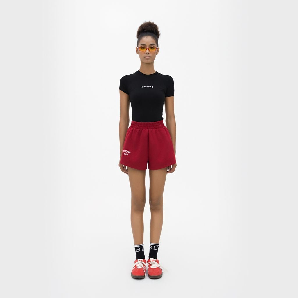 QUẦN SHORT NỈ THÊU LOGO - ĐỎ RƯỢU
