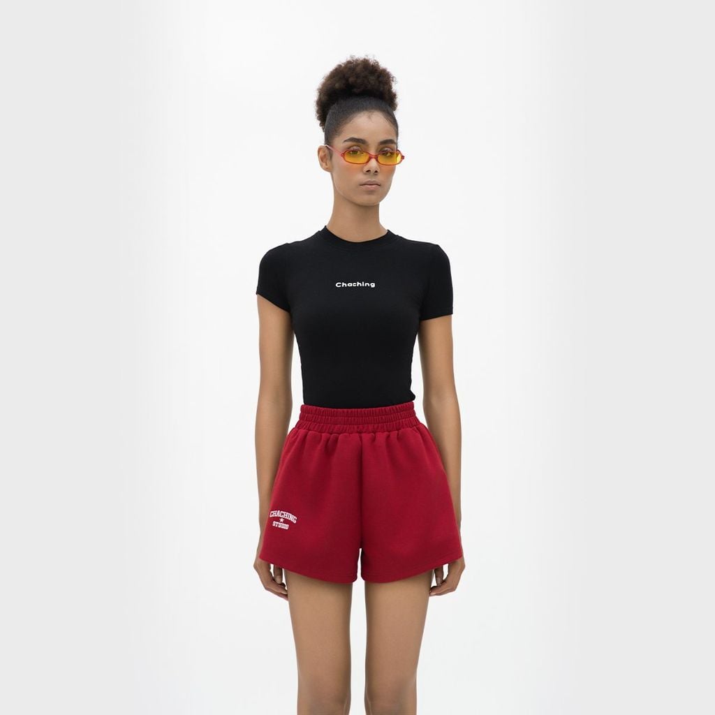 QUẦN SHORT NỈ THÊU LOGO - ĐỎ RƯỢU