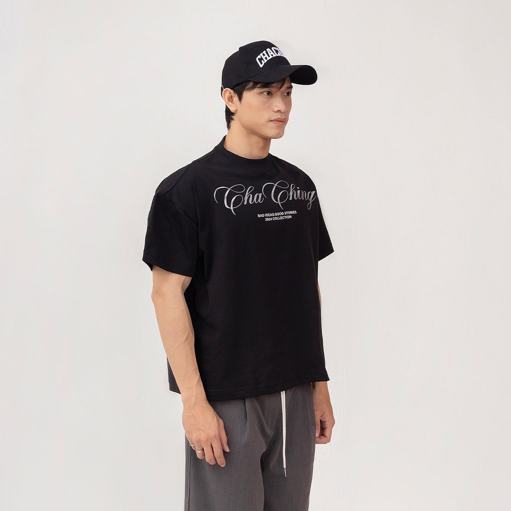 Áo Thun Unisex Form Boxy In Nhũ - Đen