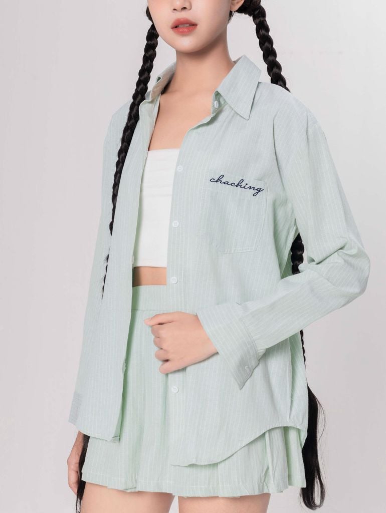 Set Sơmi Và Chân Váy Xếp Ly - Xanh Lá