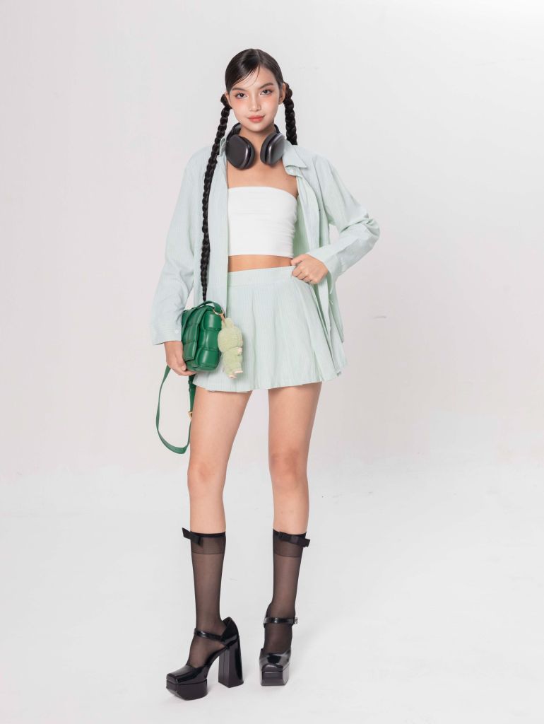 Set Sơmi Và Chân Váy Xếp Ly - Xanh Lá