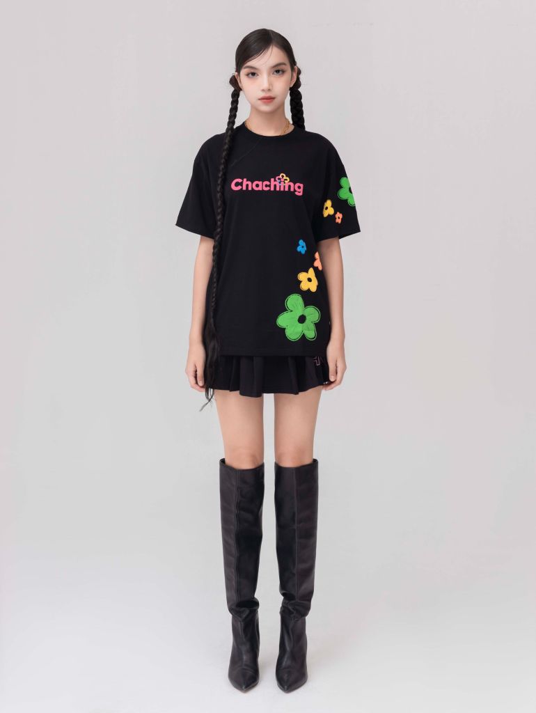 Áo Thun Hoạ Tiết Hoa - Đen