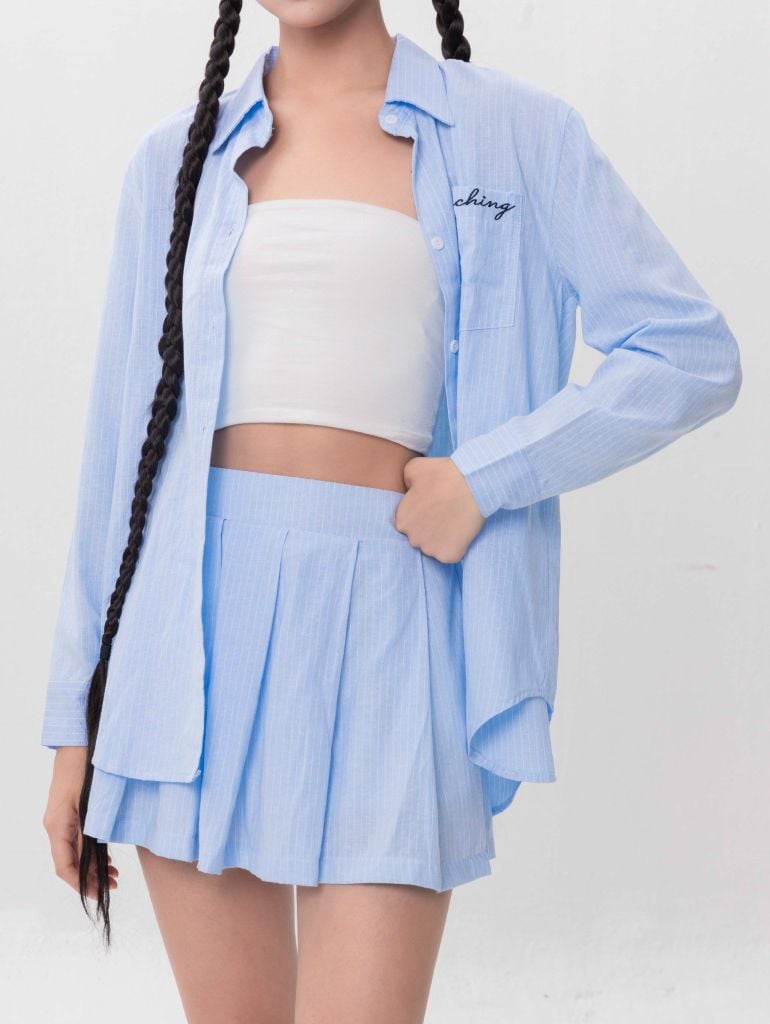 Set Sơmi Và Chân Váy Xếp Ly - Xanh dương