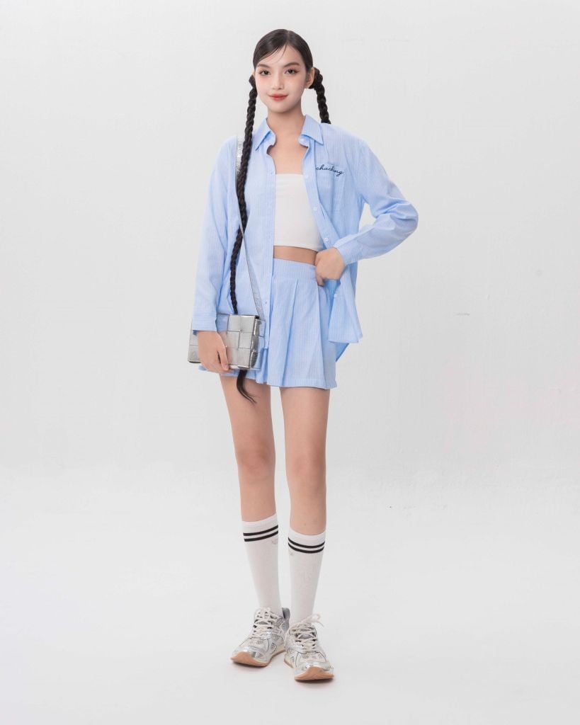 Set Sơmi Và Chân Váy Xếp Ly - Xanh dương