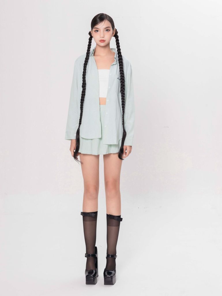 Set Sơmi Và Chân Váy Xếp Ly - Xanh Lá