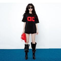 Áo AC Bông Xù Boxy Unisex - Đen Chữ Đỏ