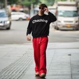  Quần Vải Nỉ Suông Thêu Logo Unisex - Đỏ 