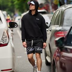 Quần Short Vải Dù Logo Thêu Unisex - Đen