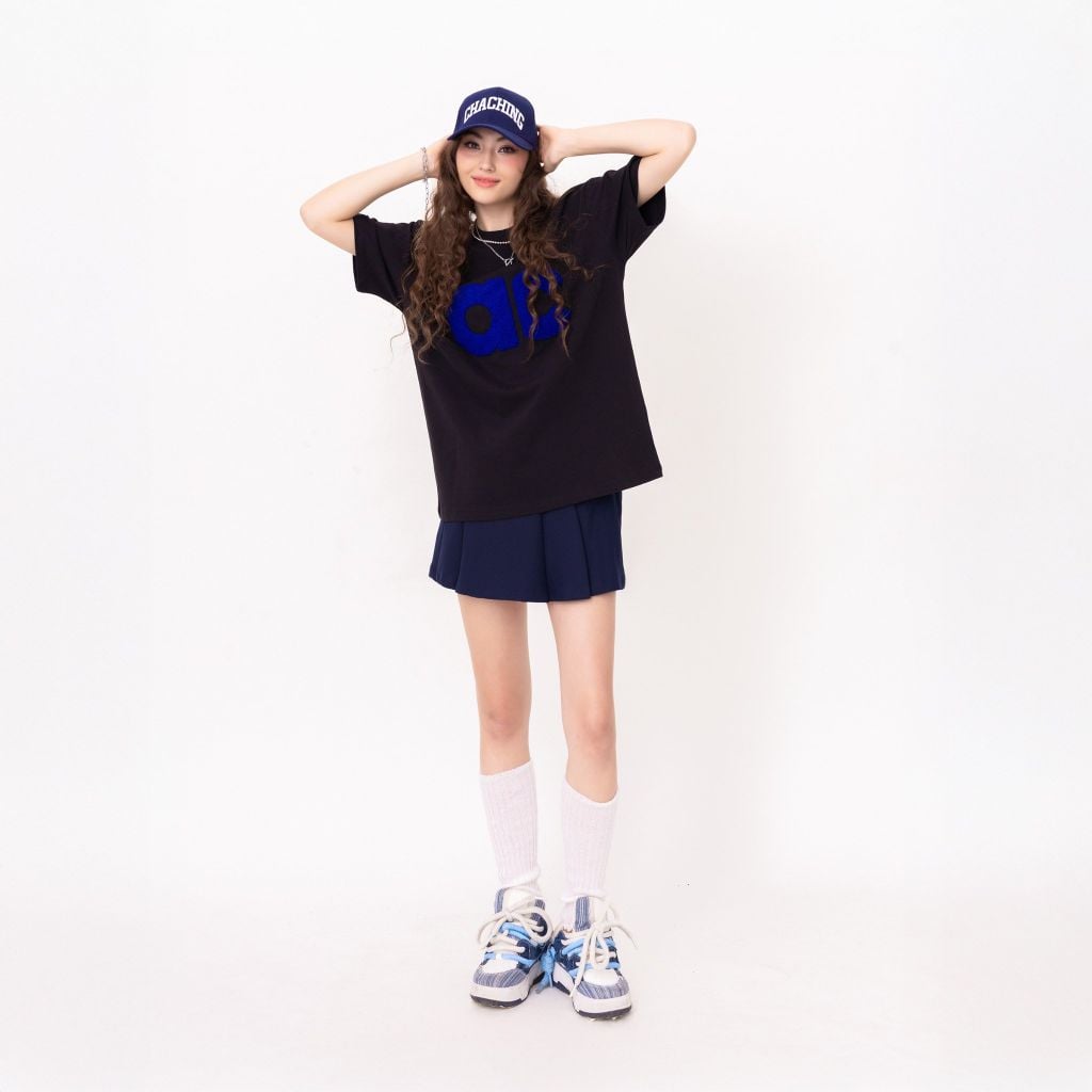 Áo AC Bông Xù Boxy Unisex - Đen Chữ Xanh