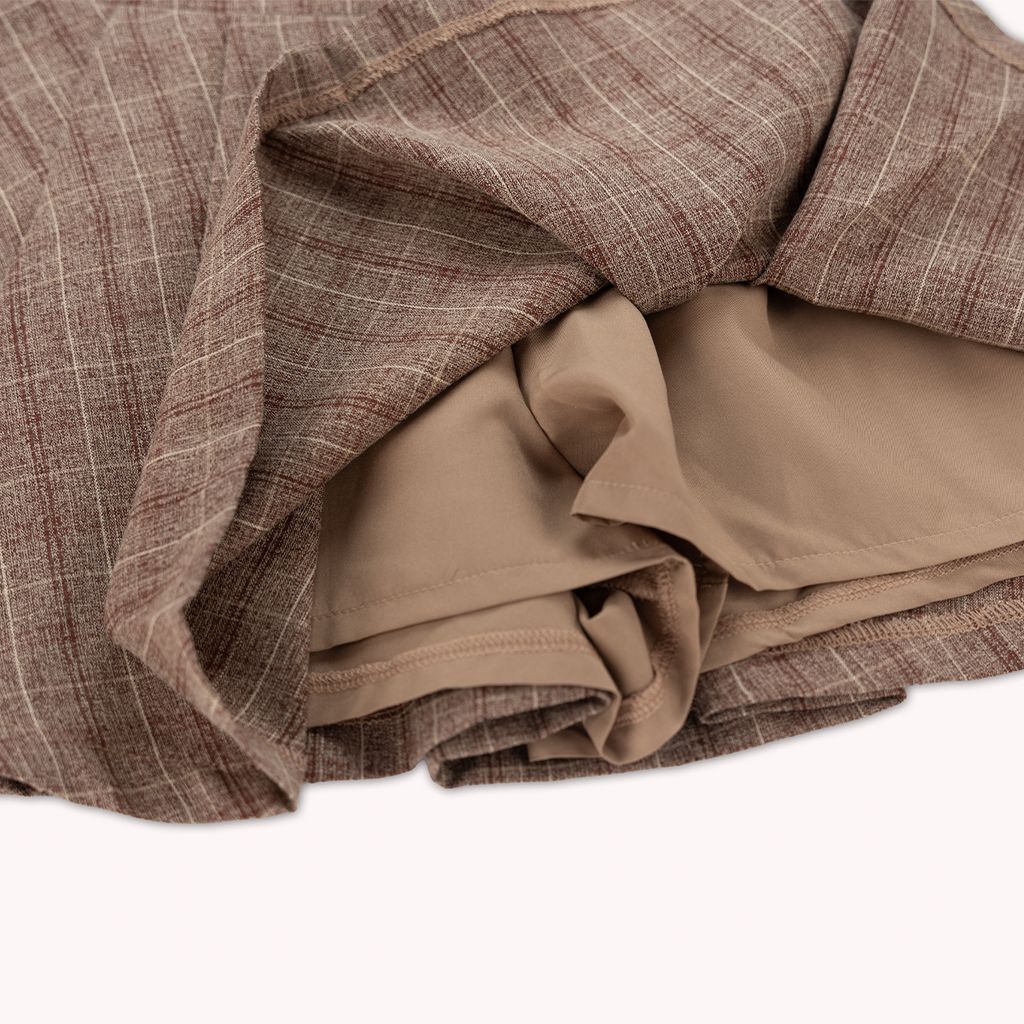 Chân Váy Xếp Ly Linen Xước - Nâu Caro
