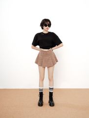 Chân Váy Xếp Ly Linen Xước - Nâu Caro