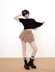 Chân Váy Xếp Ly Linen Xước - Nâu Caro