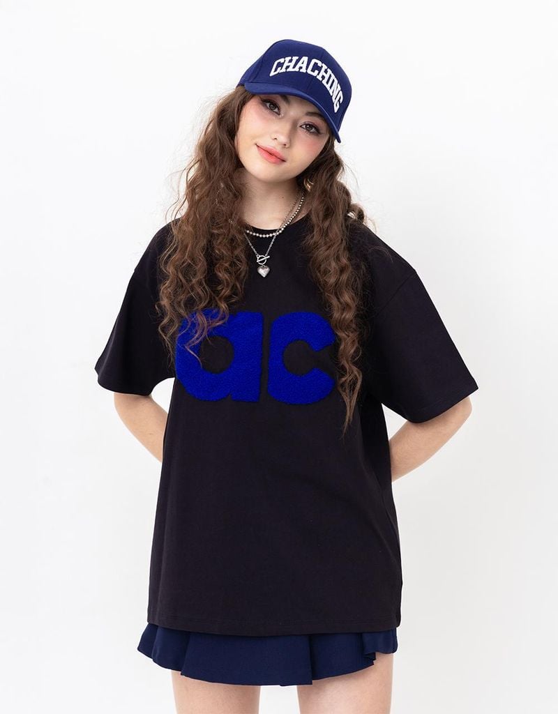 Áo AC Bông Xù Boxy Unisex - Đen Chữ Xanh