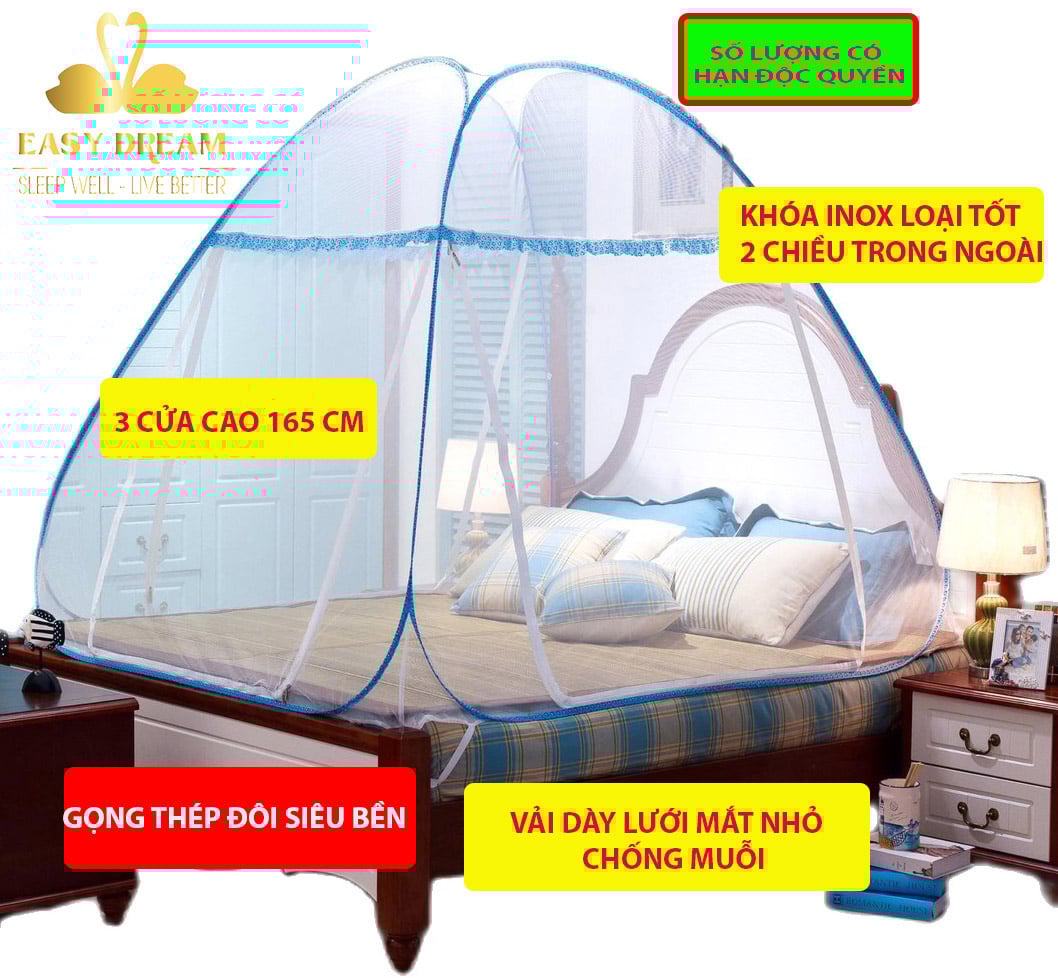 MÙNG / MÀN CHỤP CHỐNG MUỖI TỰ BUNG , Gấp Gọn cao 1m65 vải tuyn Khóa inox đôi 2 chiều